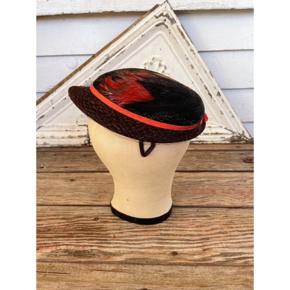 Doris Accessories - Vintage 1940s HAt Brown Wool Dyed Orange Peasant Feathers